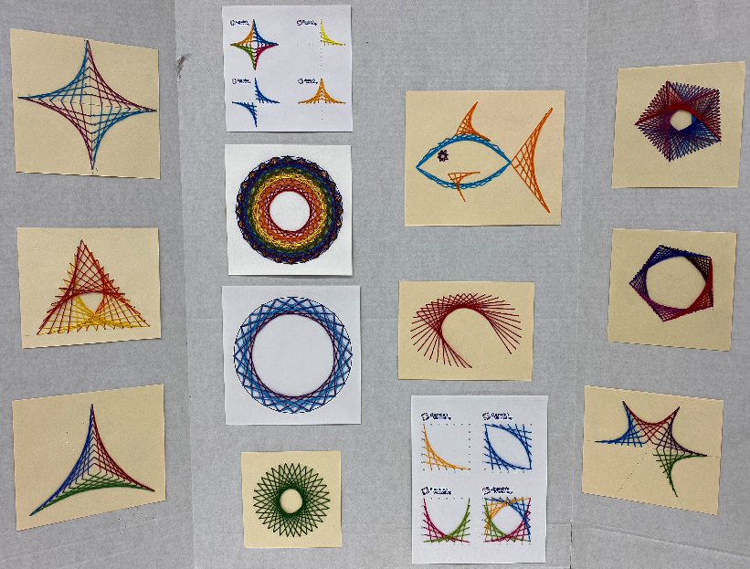 Curve Stitching Display: Various shapes are created by stitching straight lines into paper. Shapes include triangles, toruses, stars, pentagons, and a fish.