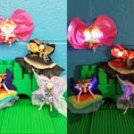 Two copies of the same image. Colorful, winged LED creatures made from tissue paper, pipe cleaners, and embroidery floss. The image to the left is brightly lit. The one to the right is dark, with LED lights shining brightly from the creature's wings.